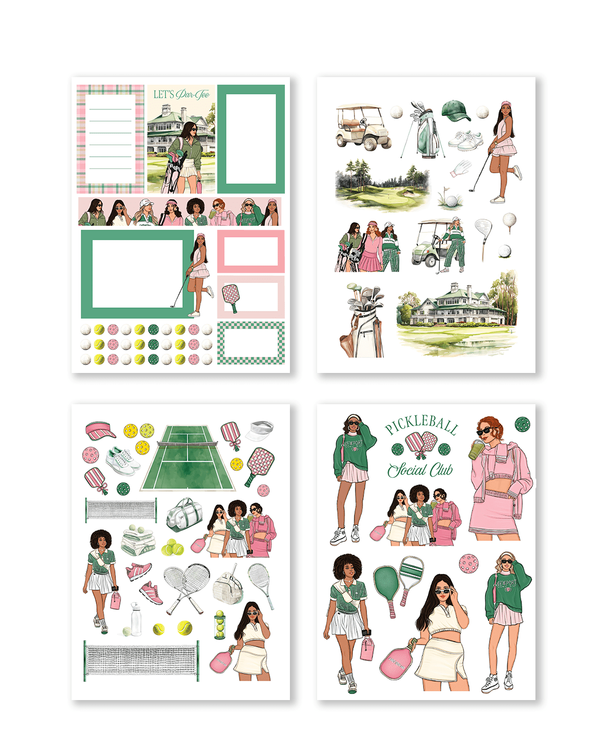 Golf-themed sticker designs in pastel country club aesthetic

