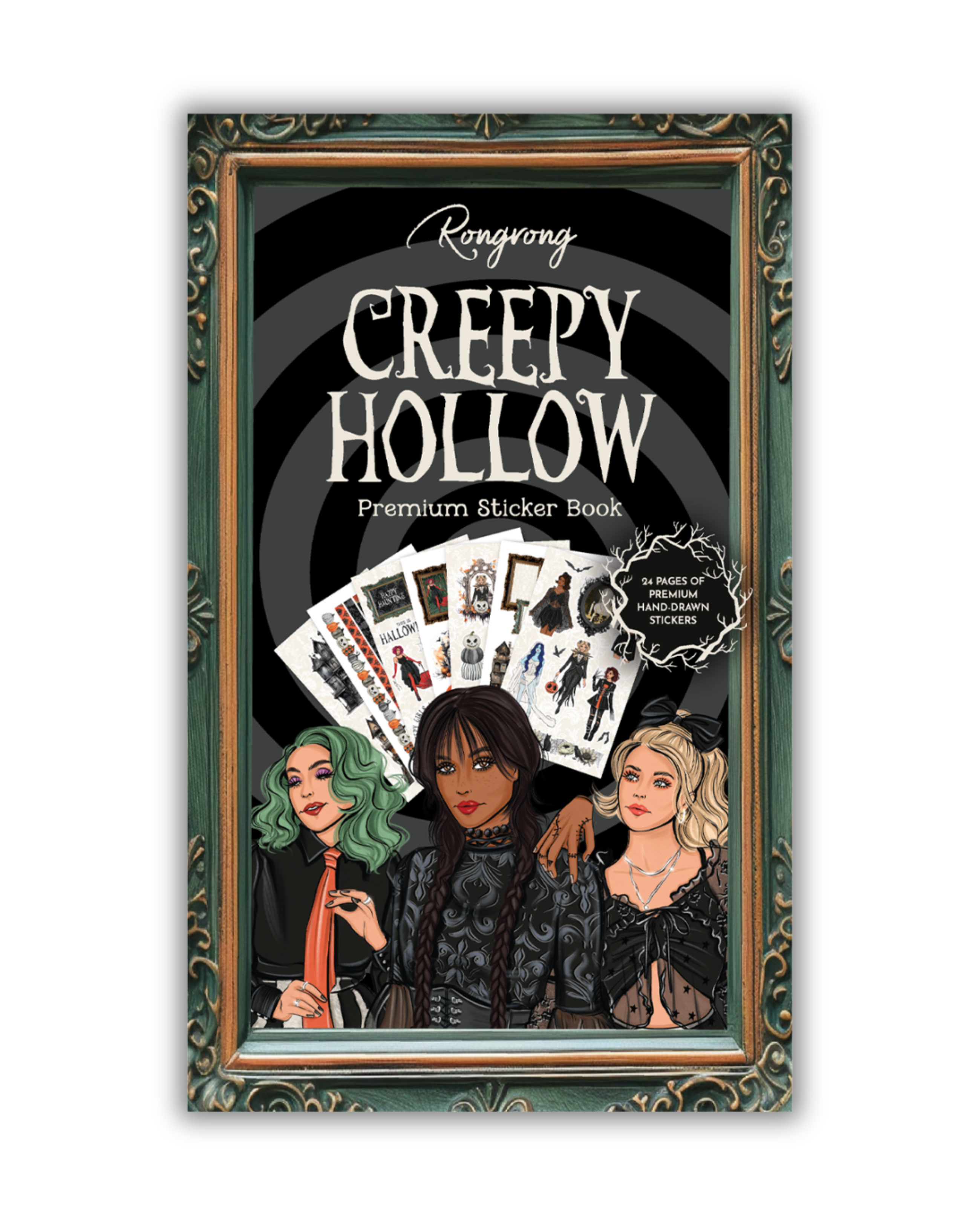 Creepy Hollow Sticker Book cover featuring dark, whimsical illustrations of haunted houses and spooky creatures.