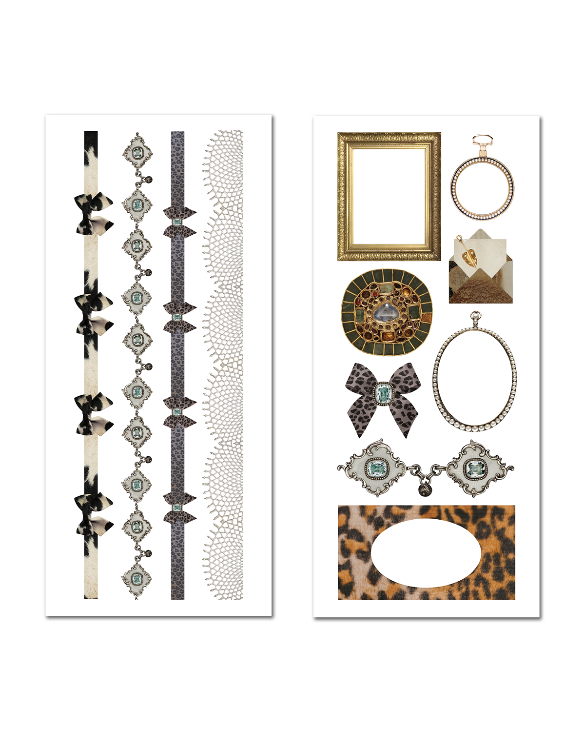 Collection of decorative elements including necklaces, frames, and patterns on a white background