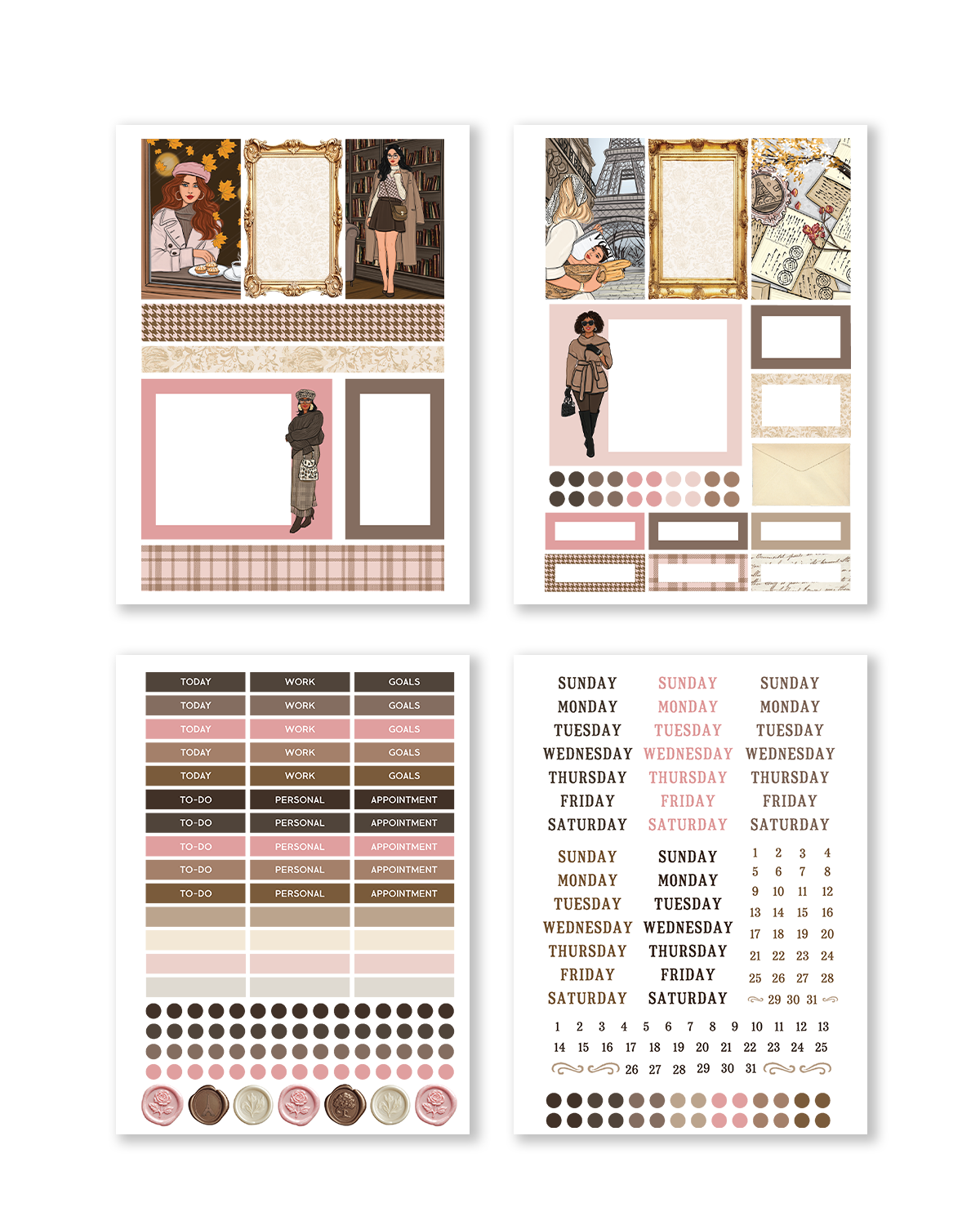 Paris themed planner sticker kit with vintage floral design