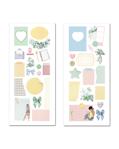 Pastel planner stickers with bows and library card ephemera