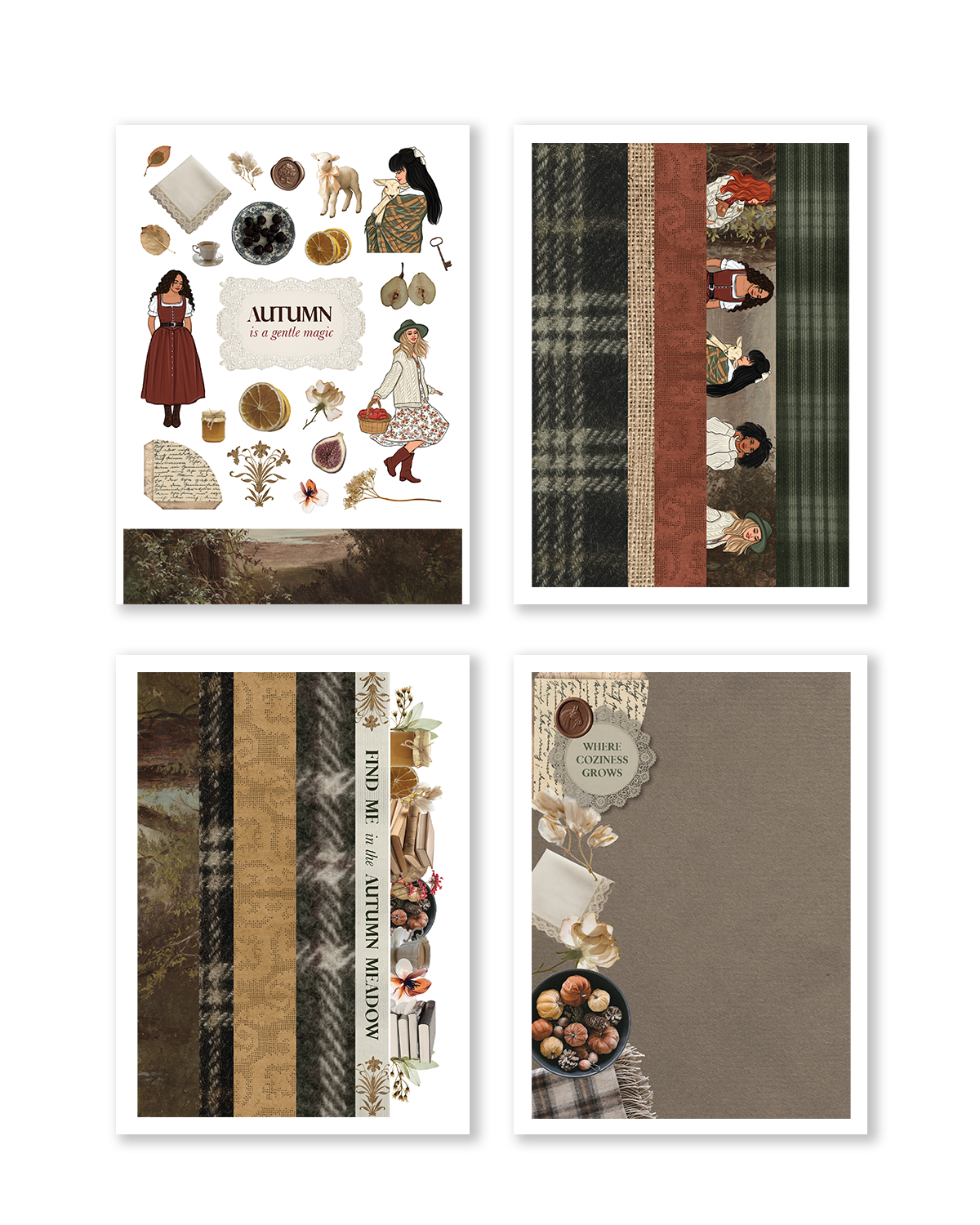 Cottagecore monthly planning stickers with illustrated women