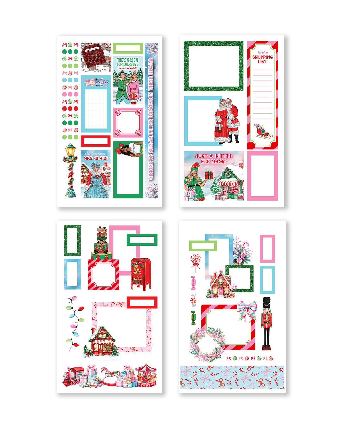 Whimsical pastel holiday stickers with elves and gifts