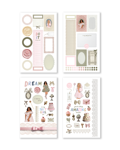 Soft girl aesthetic sticker book with bows, lace, and frames