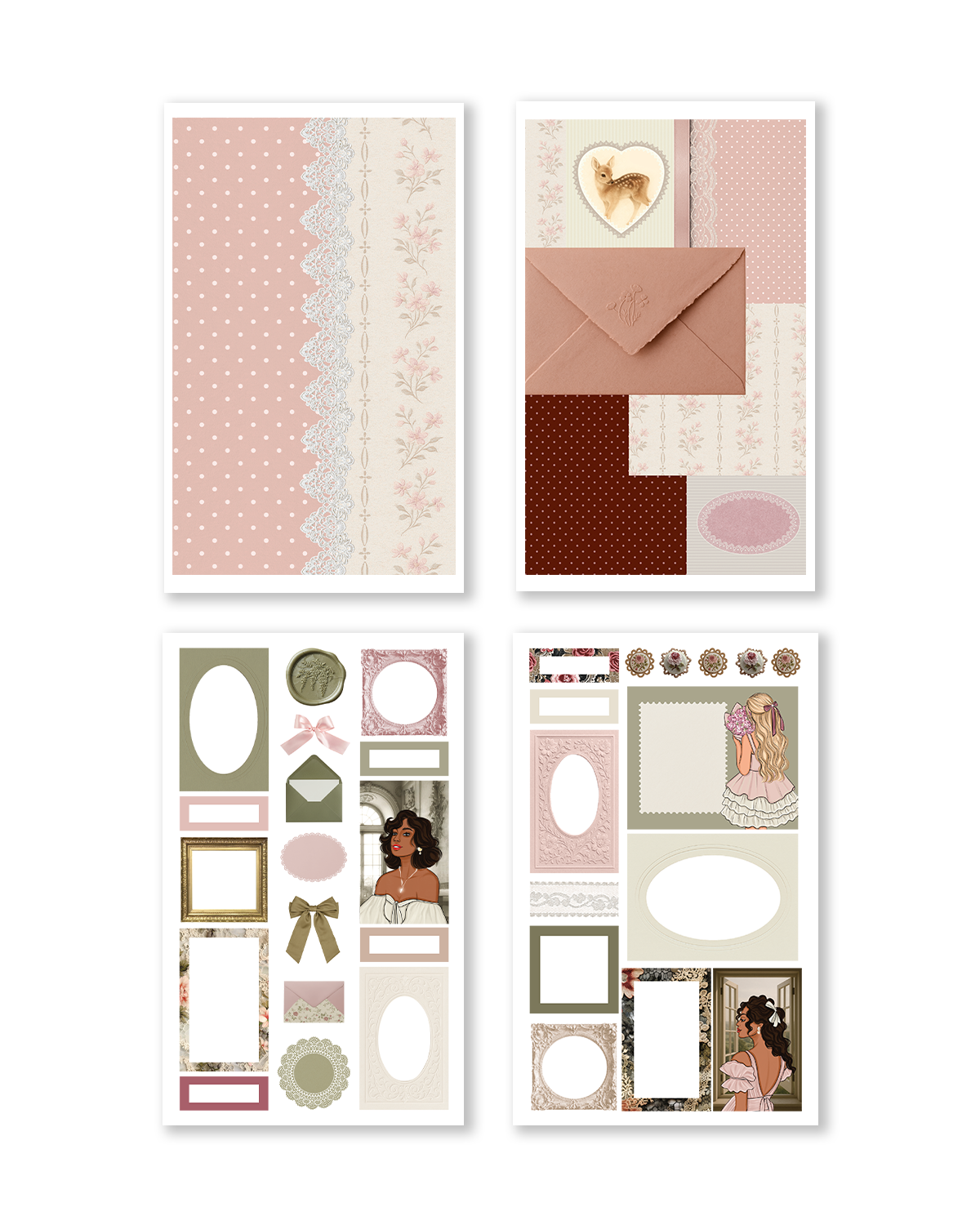 Romantic journaling stickers in blush and sage color palette