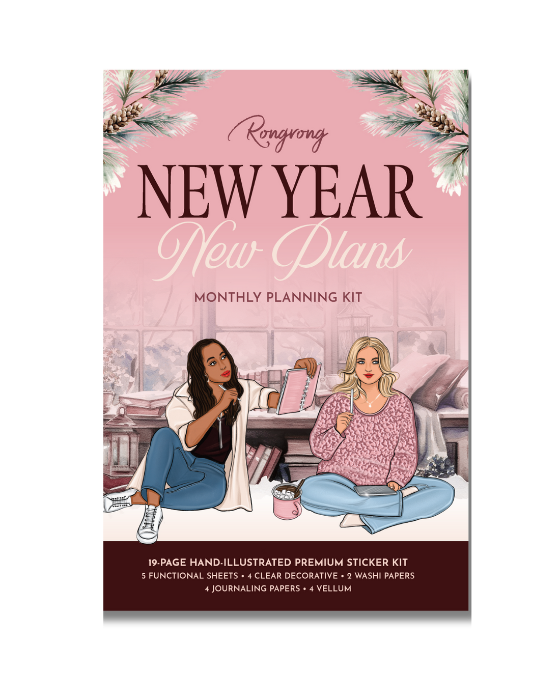 Monthly planning sticker kit pages displayed with functional and decorative sheets