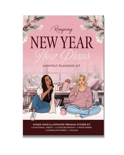 Monthly planning sticker kit pages displayed with functional and decorative sheets