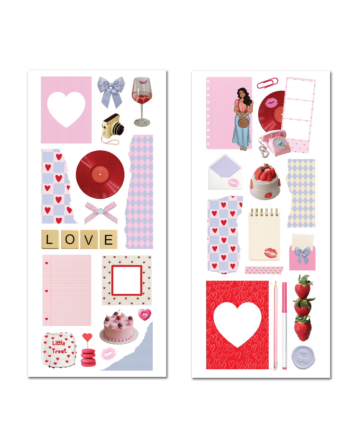 Feminine scrapbook stickers with retro phone and sweet desserts