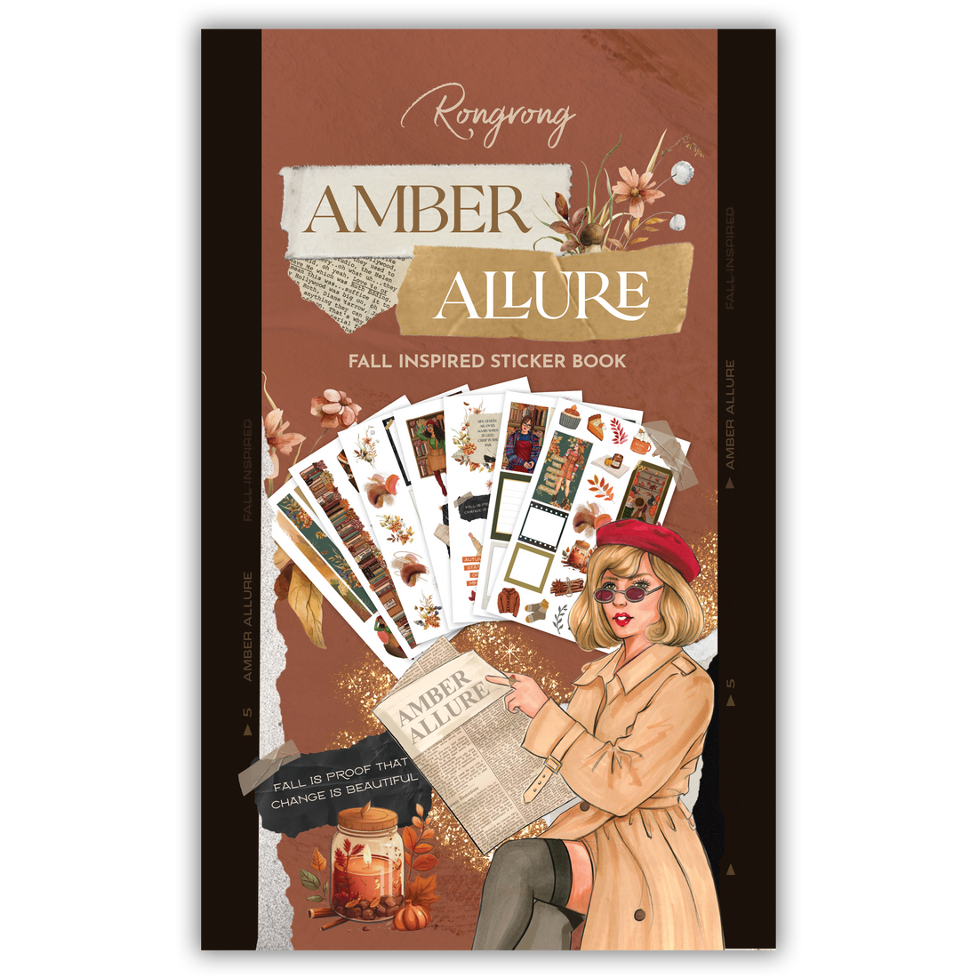 Sticker book cover featuring elegant designs in warm amber tones, showcasing floral patterns and stylish lettering.