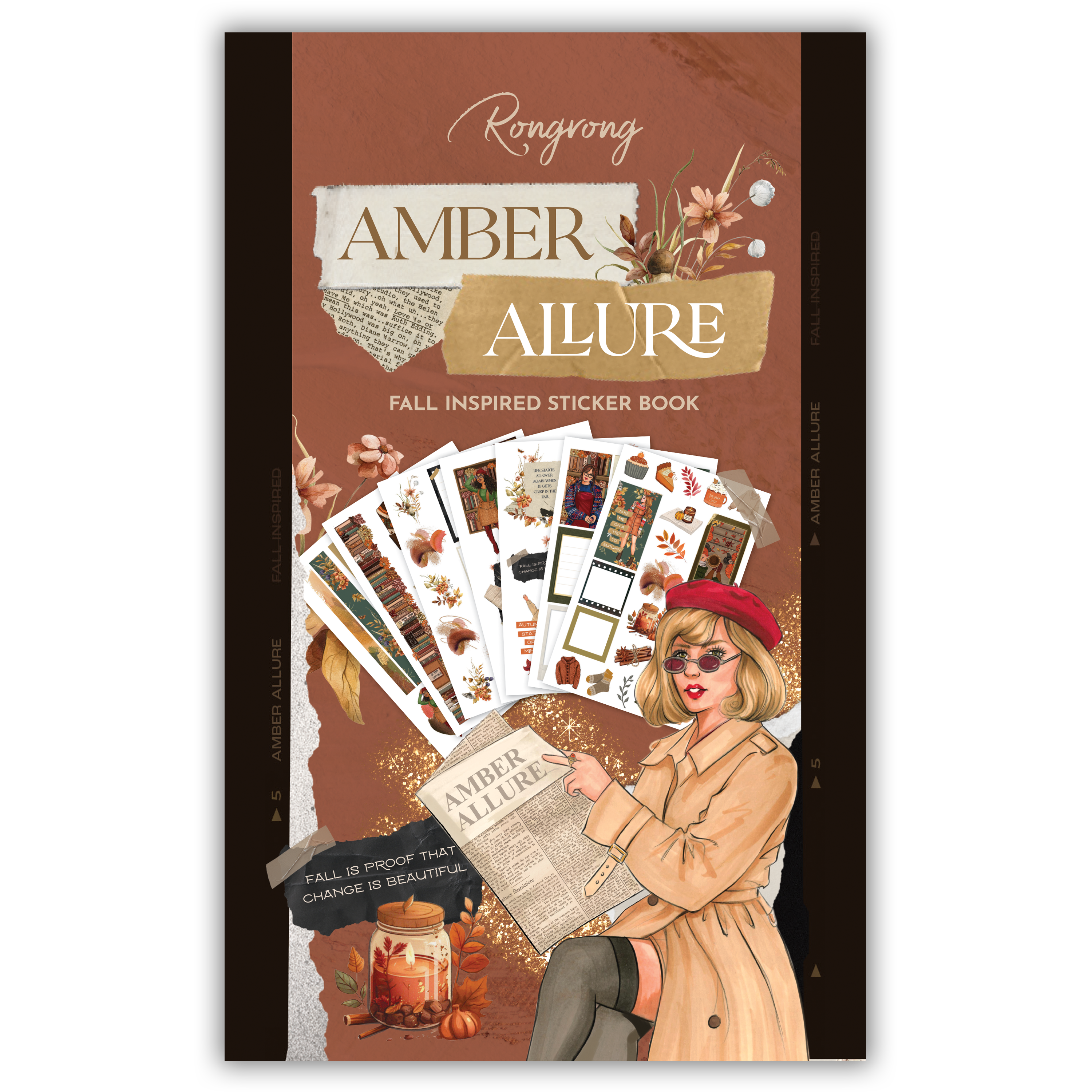 Sticker book cover featuring elegant designs in warm amber tones, showcasing floral patterns and stylish lettering.