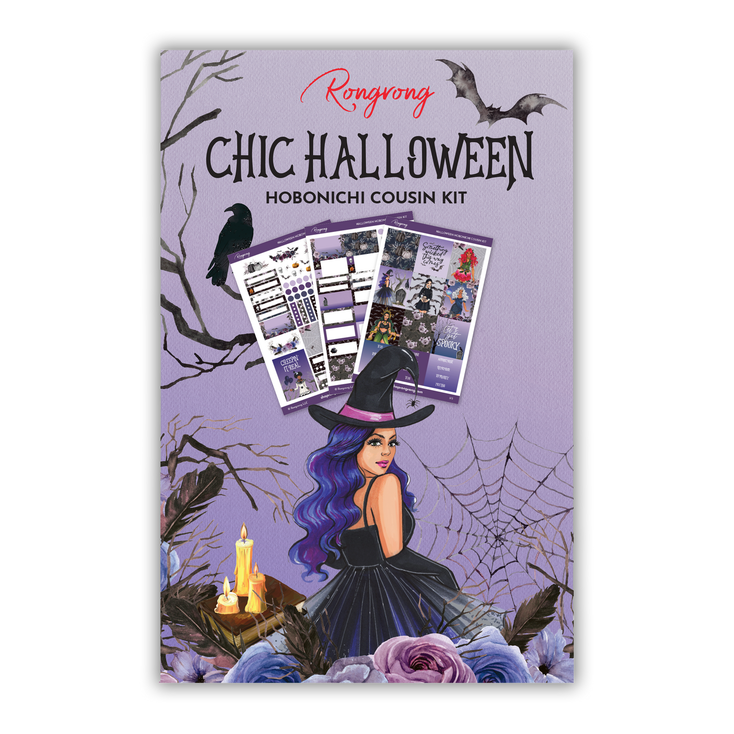 Sticker kit cover featuring stylish Halloween illustrations, including pumpkins, bats, and elegant lettering in vibrant colors.