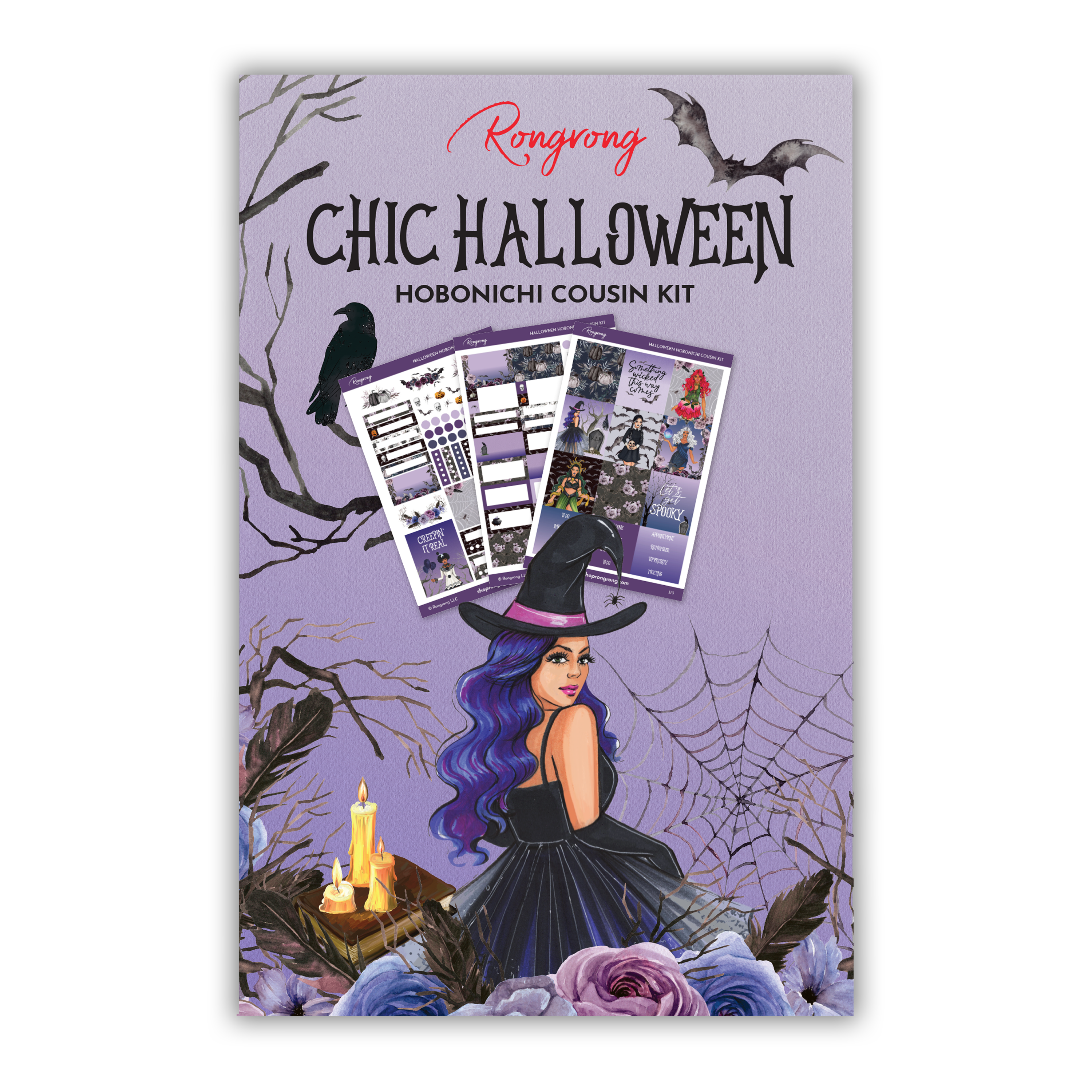 Sticker kit cover featuring stylish Halloween illustrations, including pumpkins, bats, and elegant lettering in vibrant colors.