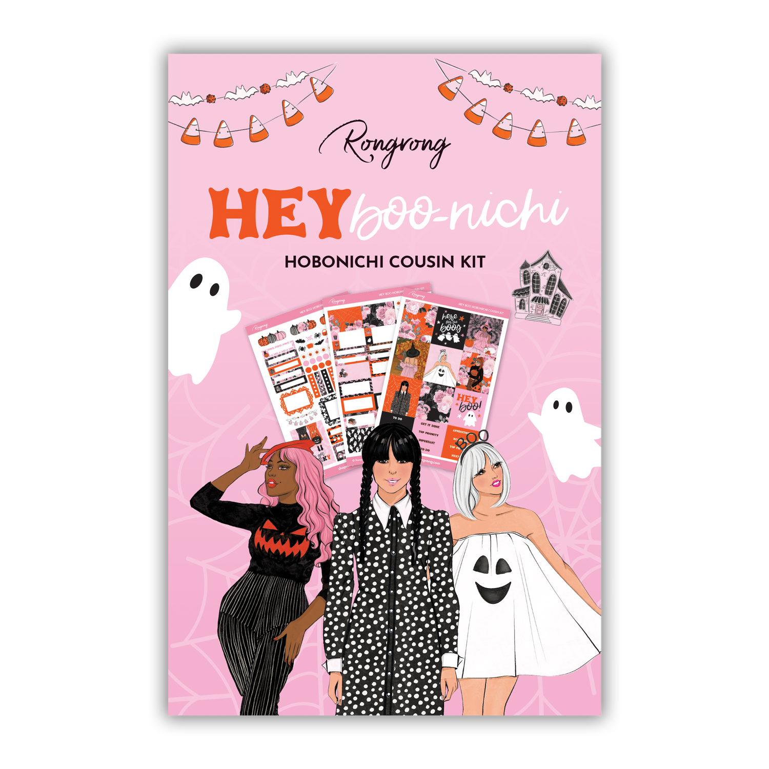 Sticker kit cover featuring playful Halloween designs with ghosts, pumpkins, and whimsical lettering in vibrant colors.