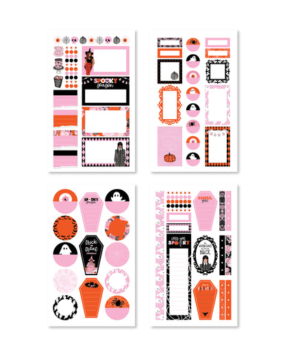 Charming stickers depicting Halloween scenes, perfect for adding festive flair to planners and journals.