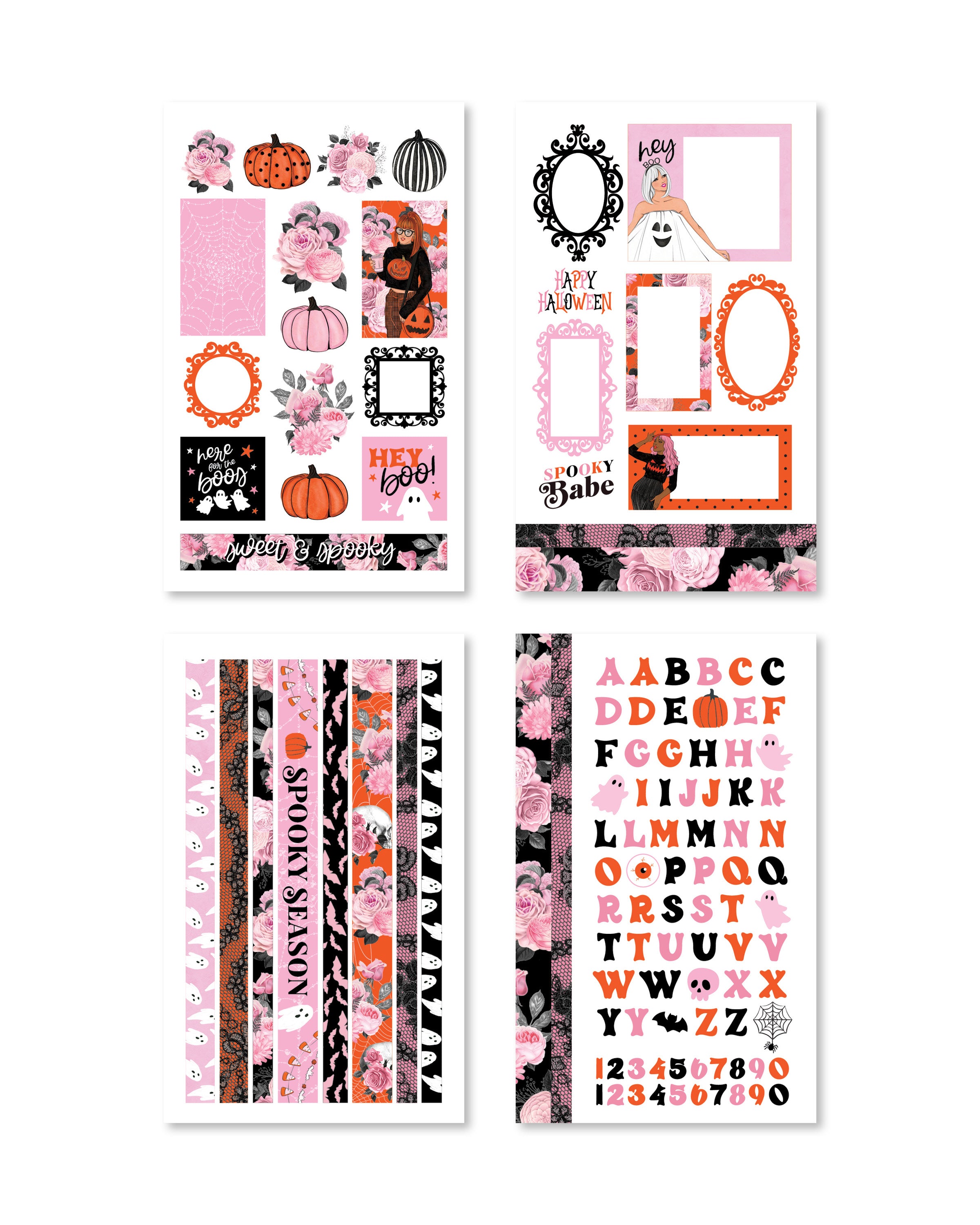 Close-up of delightful stickers with playful Halloween sayings and illustrations, highlighted in vibrant oranges and pink.