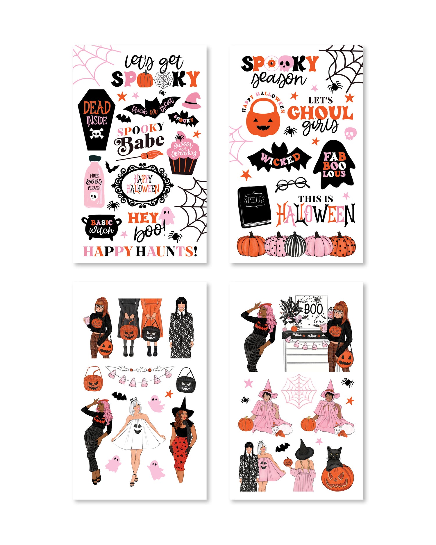 Stickers featuring an assortment of spooky icons, such as playful bats, enchanting witches, and colorful candies, all rendered in vibrant, festive colors.