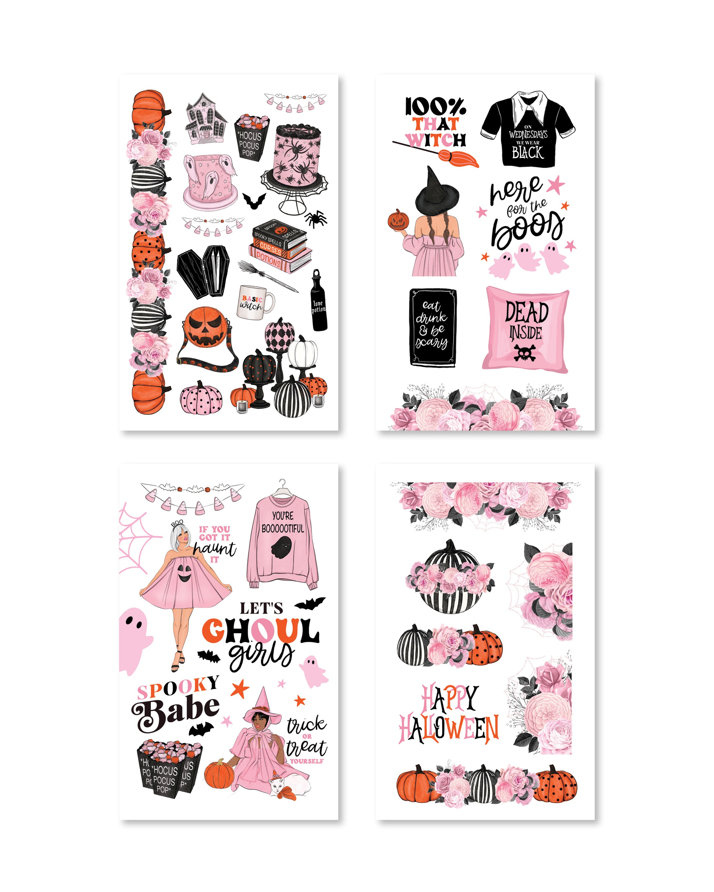 A close-up of adorable stickers featuring fun Halloween phrases and cute illustrations, all brought to life in lively shades of orange and pink!