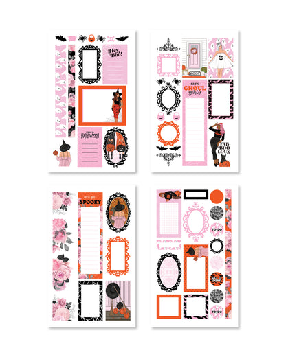 Close-up of decorative stickers with fun Halloween phrases and illustrations, highlighted in bold oranges and pink.