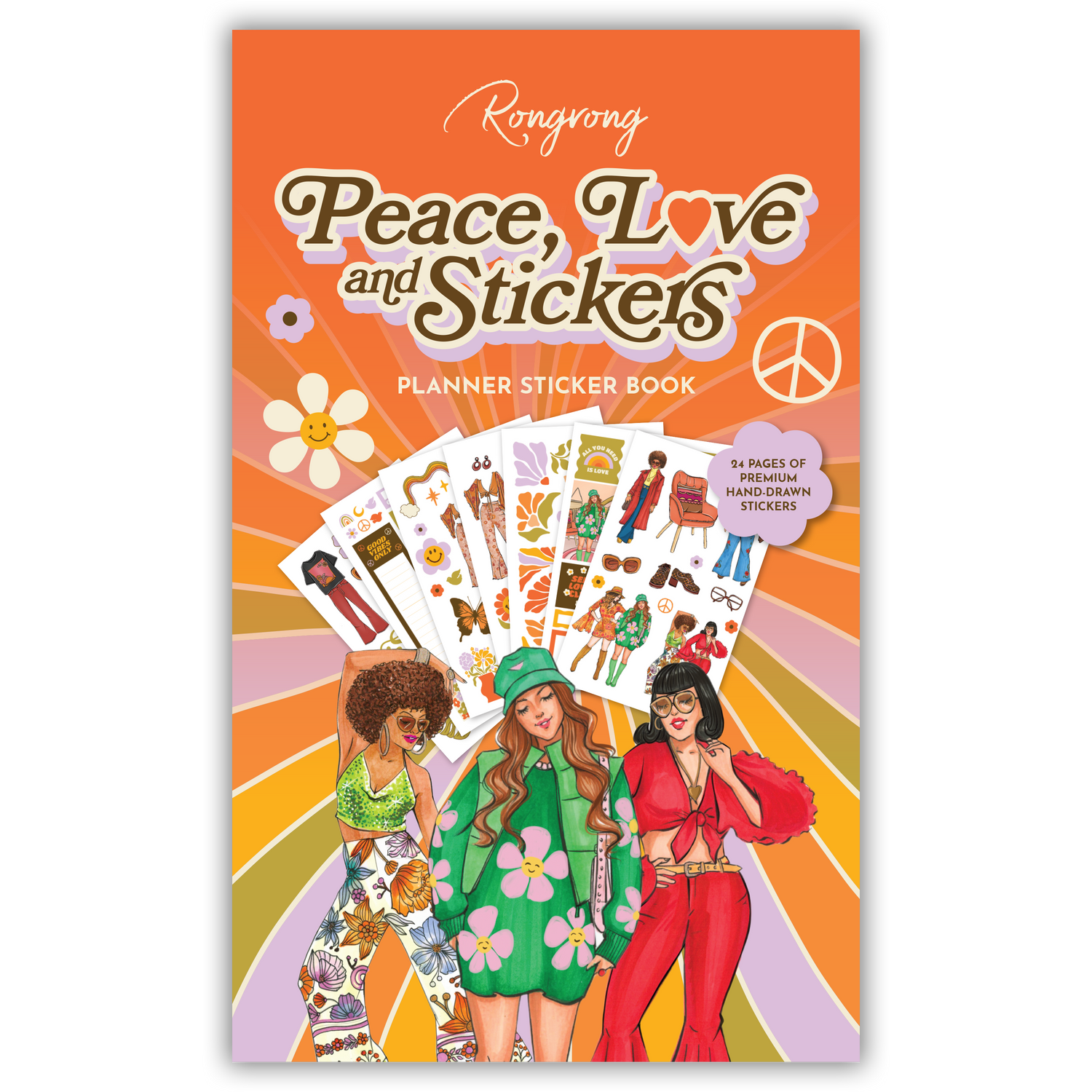 Sticker book cover featuring vibrant designs with peace symbols and love icons in bright, uplifting colors.