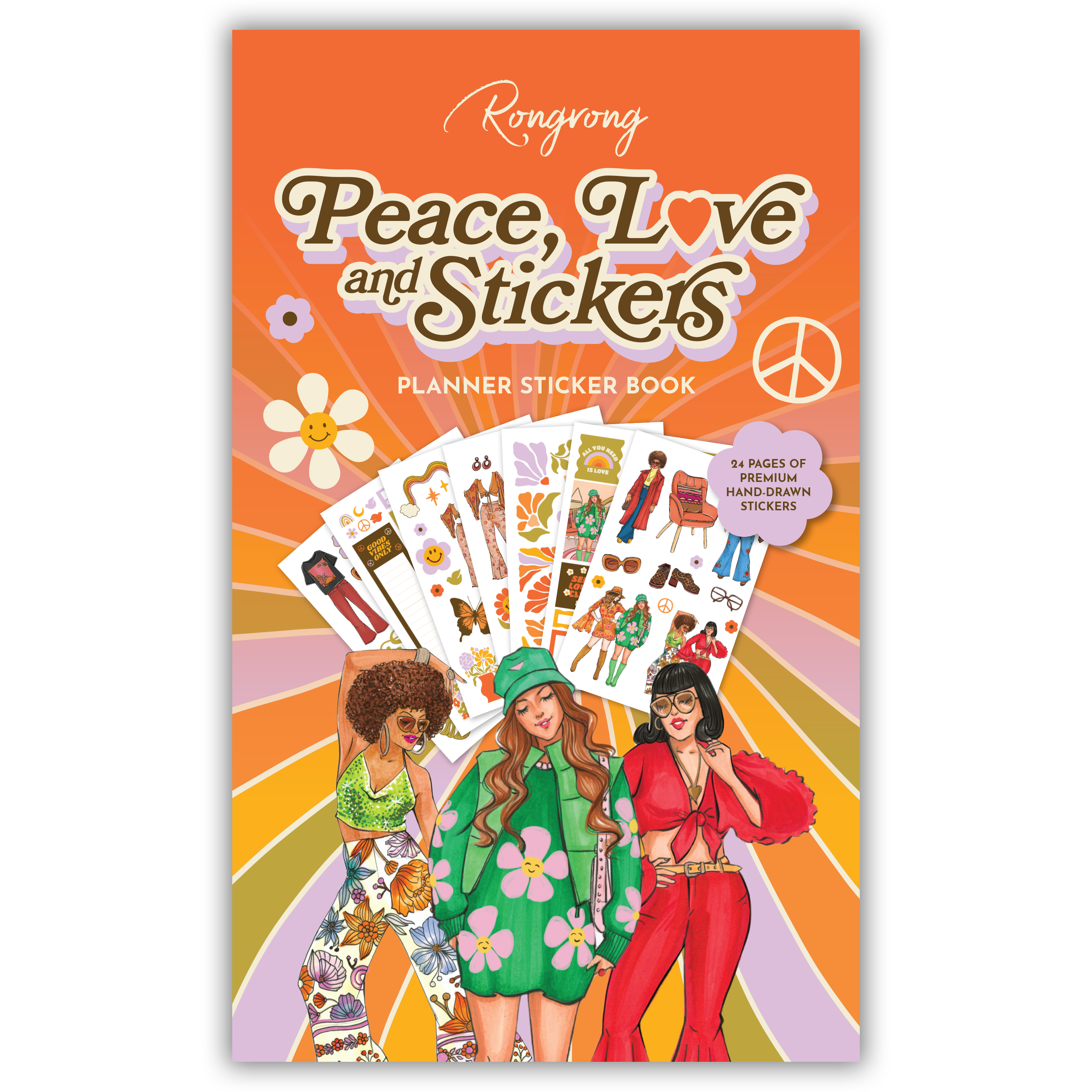 Sticker book cover featuring vibrant designs with peace symbols and love icons in bright, uplifting colors.