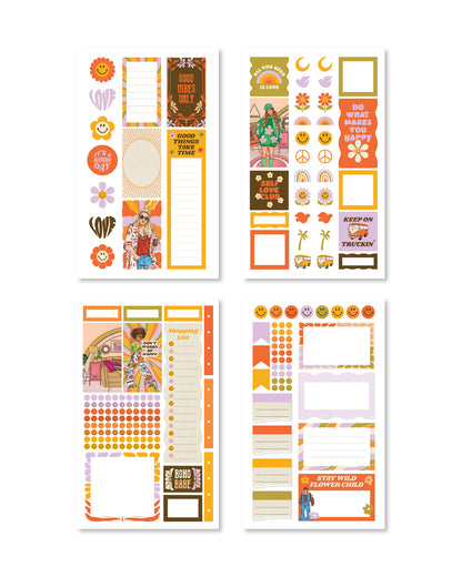 Stickers showcasing cheerful icons like hearts, flowers, and peace signs, presented in a lively palette of colors.