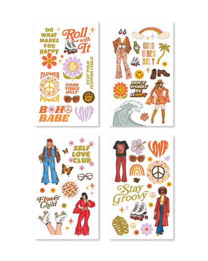 Beautiful stickers showcasing retro outfits and cheerful icons and designs, perfect for adding a touch of joy to your planner.