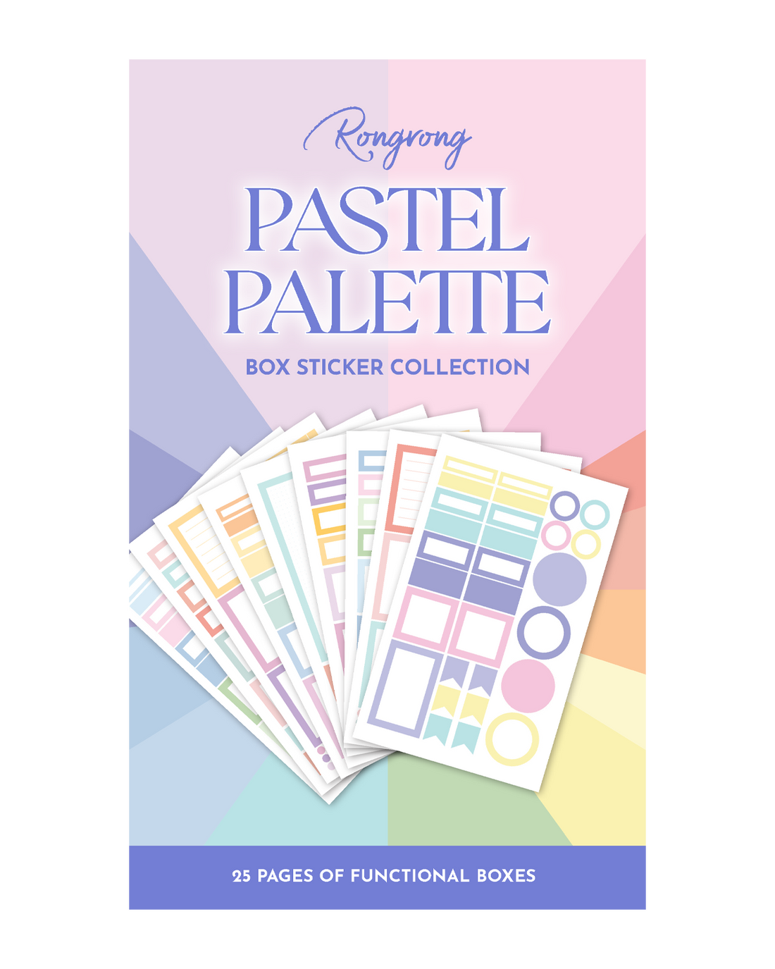 Sticker book cover featuring soft pastel colors and elegant designs with decorative boxes and floral accents.