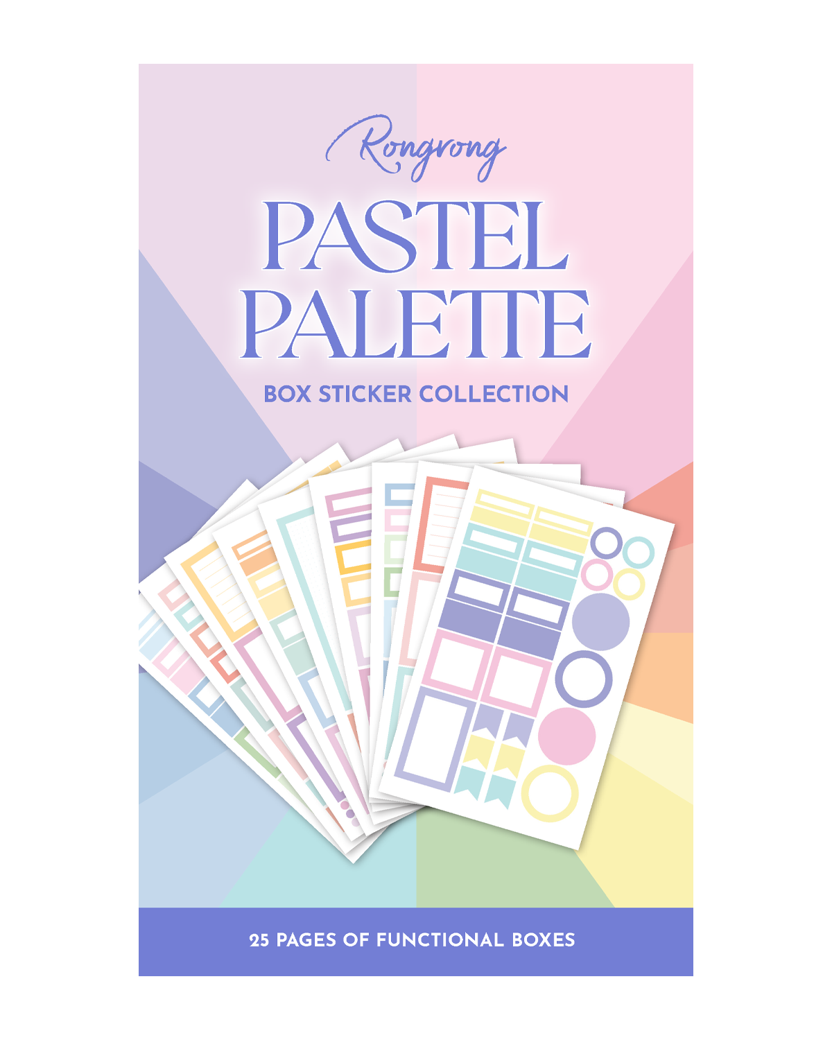 Sticker book cover featuring soft pastel colors and elegant designs with decorative boxes and floral accents.