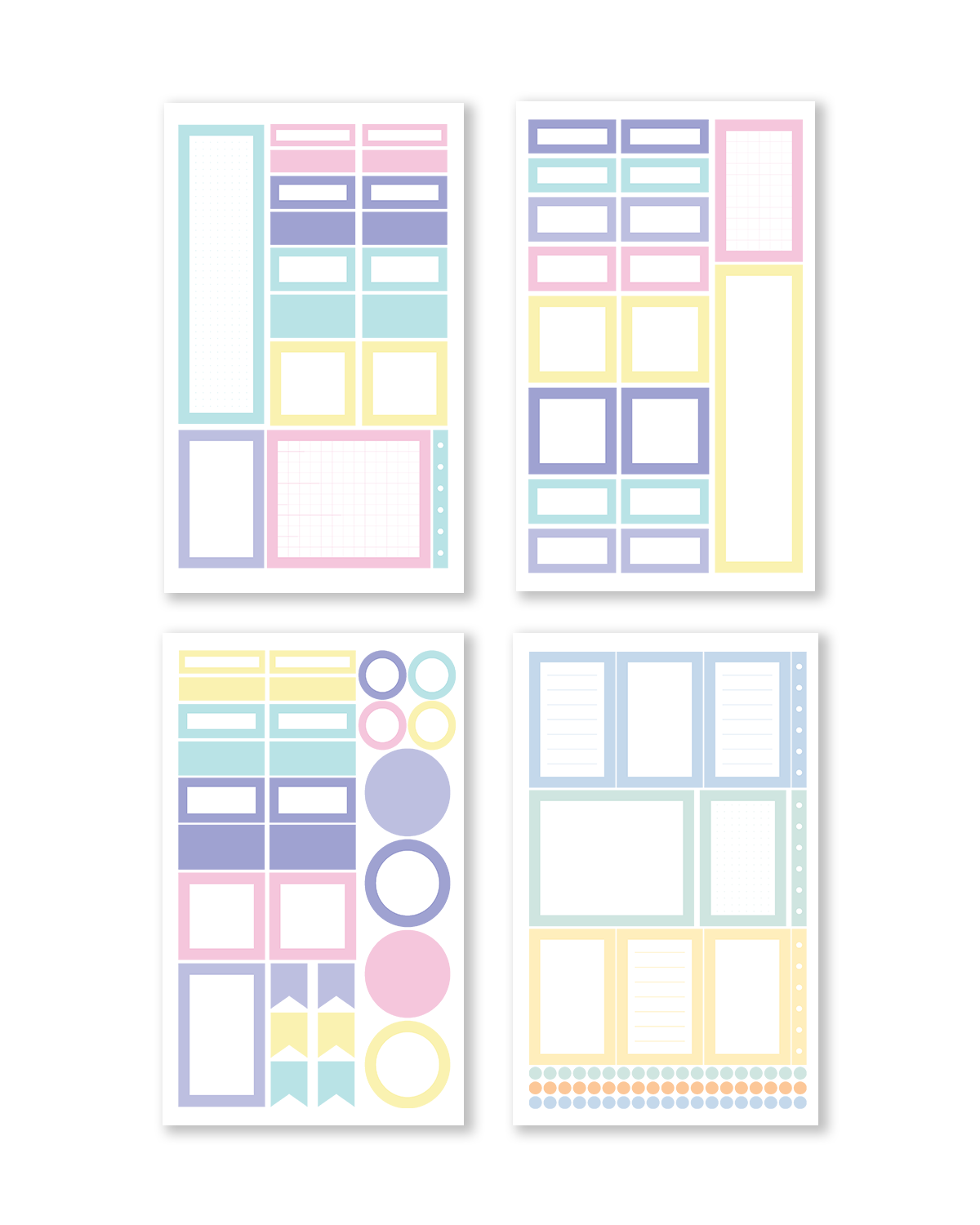 Stickers with an array of decorative boxes in soothing pastel shades, designed for efficient planner and journal use.