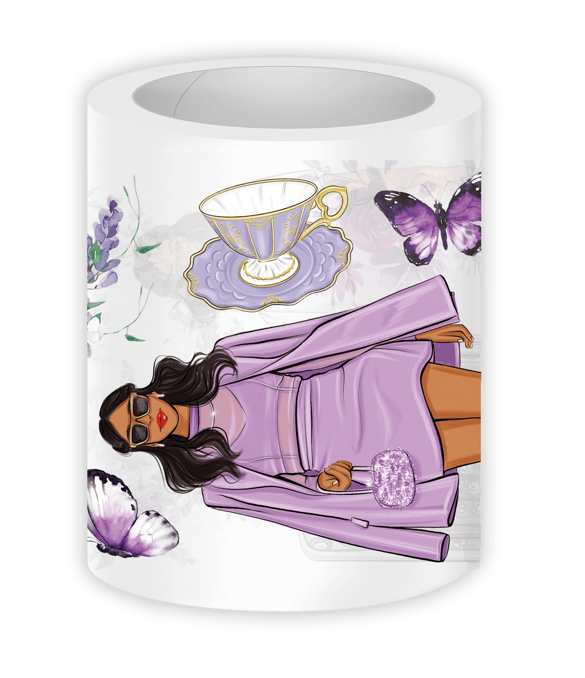 Illustration of a woman in a purple outfit with a teacup and butterflies on a white background
