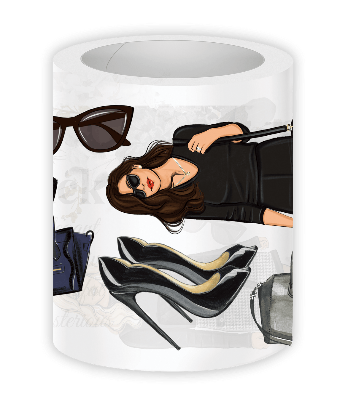 Illustration of a woman with sunglasses, high heels, and handbag on a white background