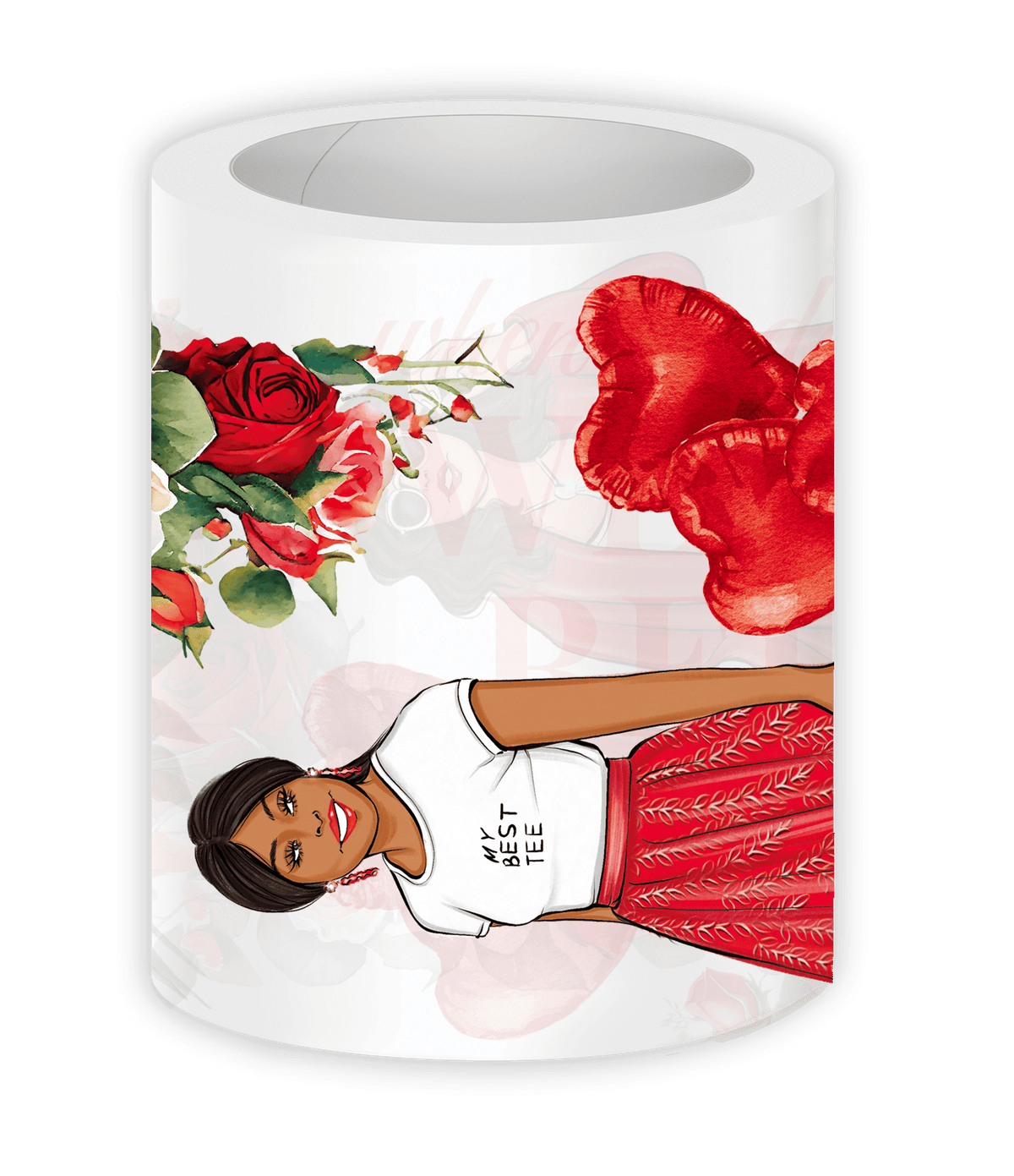 Illustration of a woman wearing a white shirt with text, surrounded by red flowers on a white background.