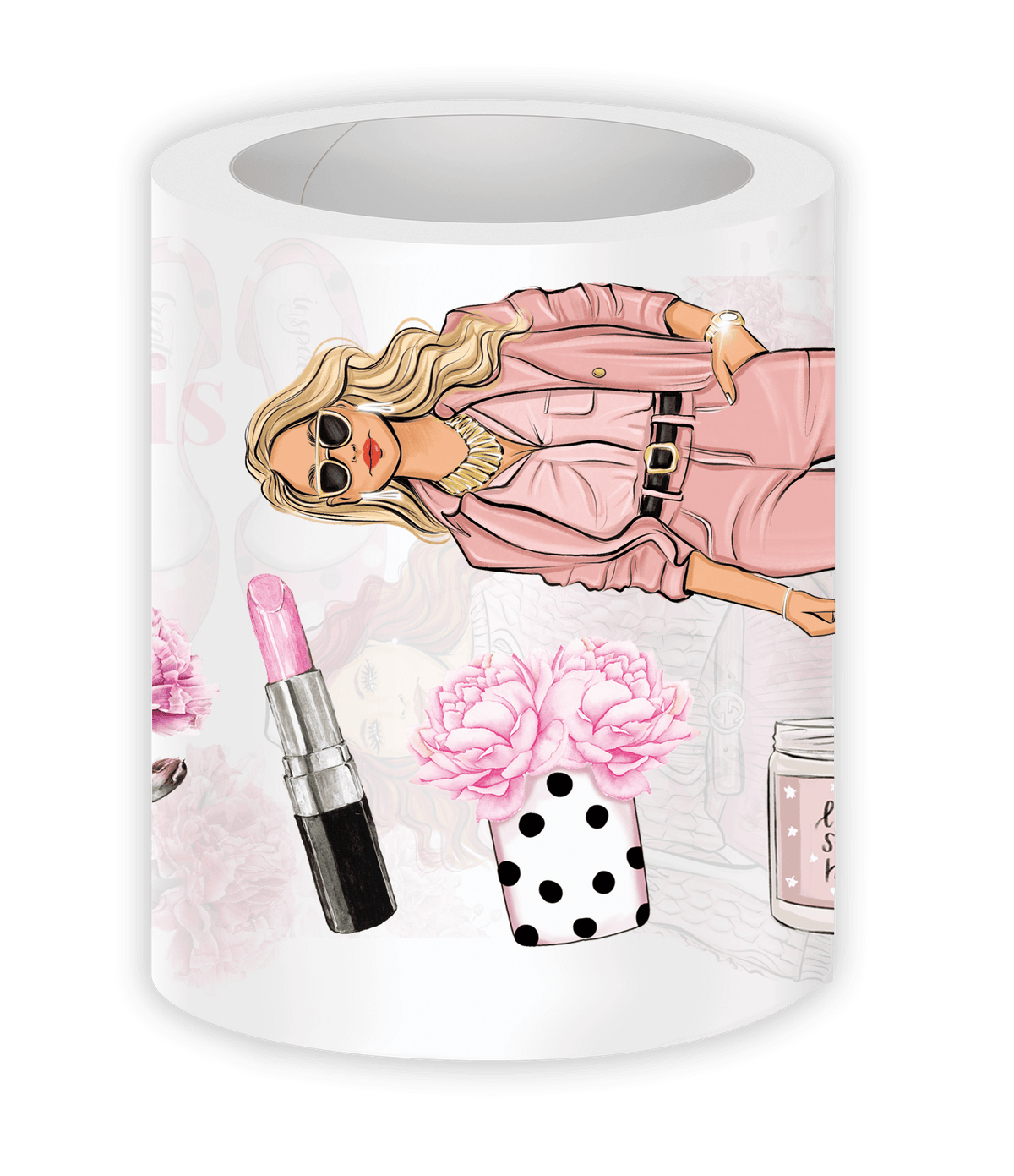 Illustration of a woman in a pink outfit with a lipstick and flowers on a white background