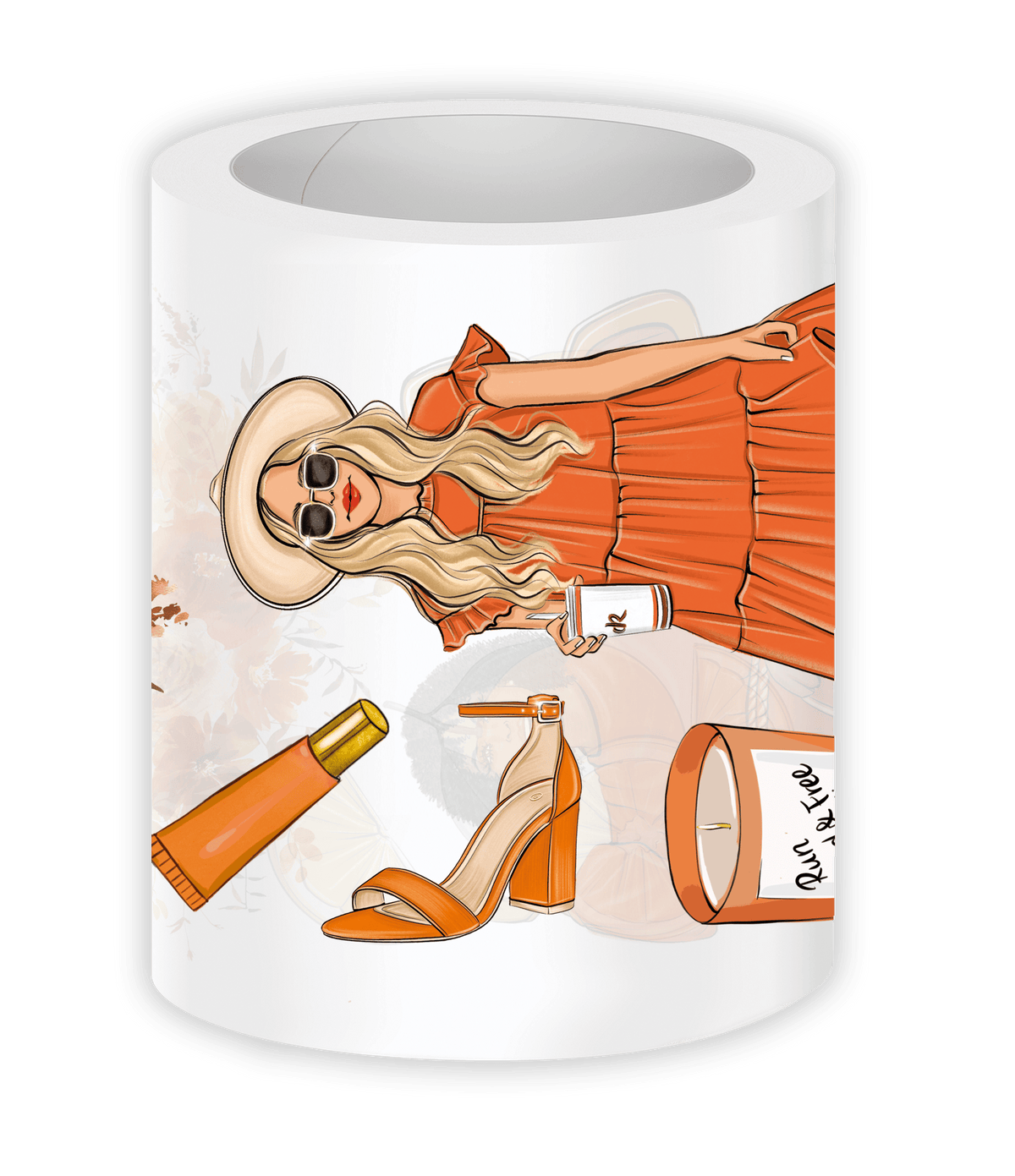 Illustration of a woman in an orange dress with accessories on a white background