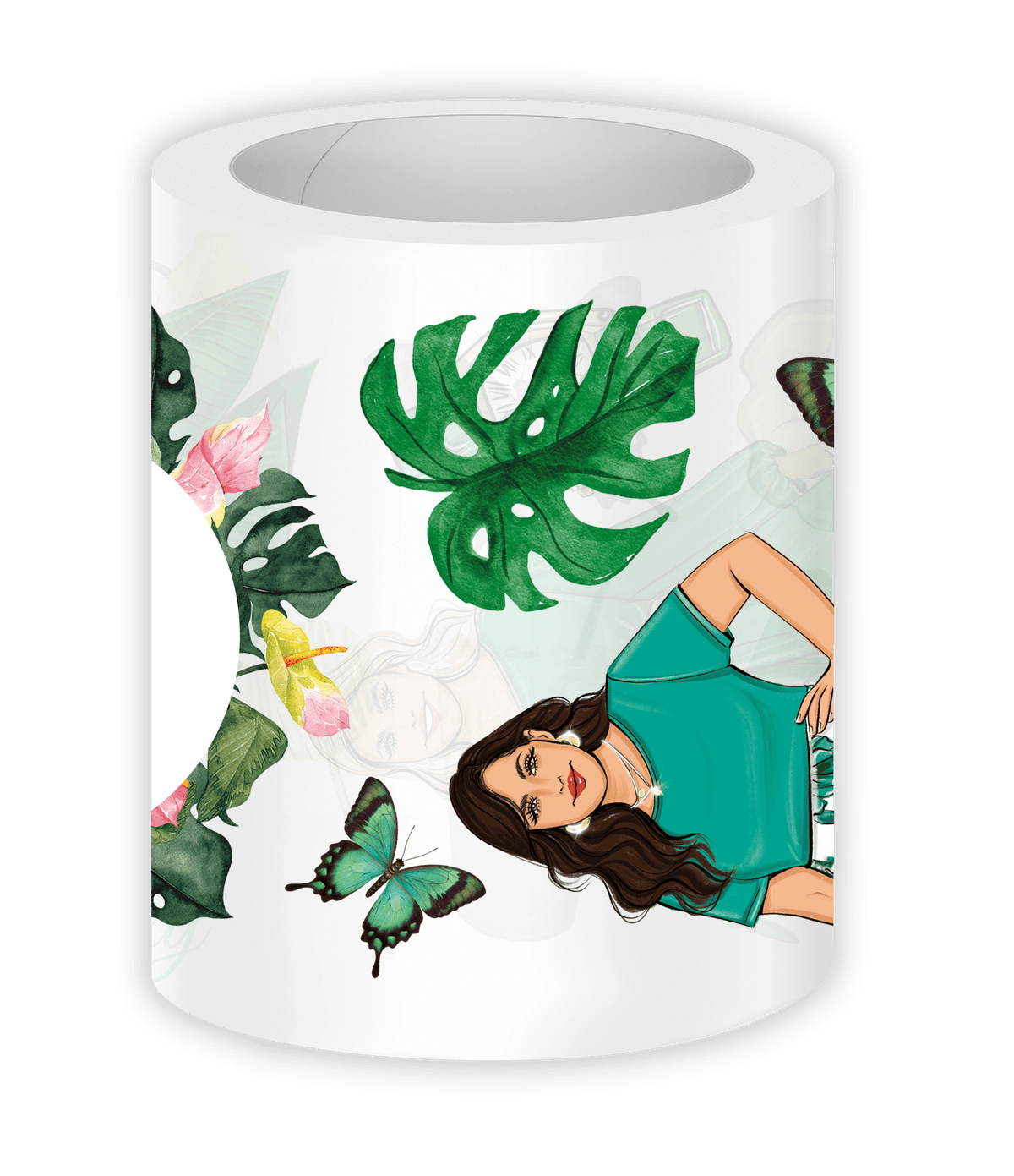 White mug with a design of a woman, butterflies, and tropical leaves on a white background