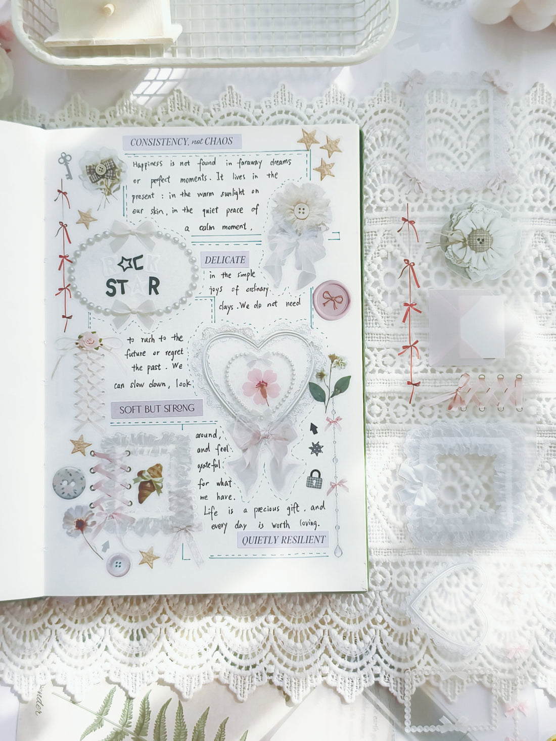 Romantic Daydreams PET tape layered in soft aesthetic planner spread