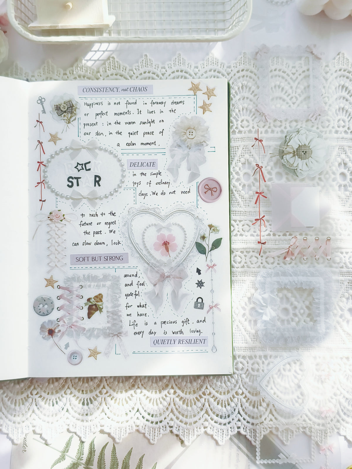 Romantic Daydreams PET tape layered in soft aesthetic planner spread