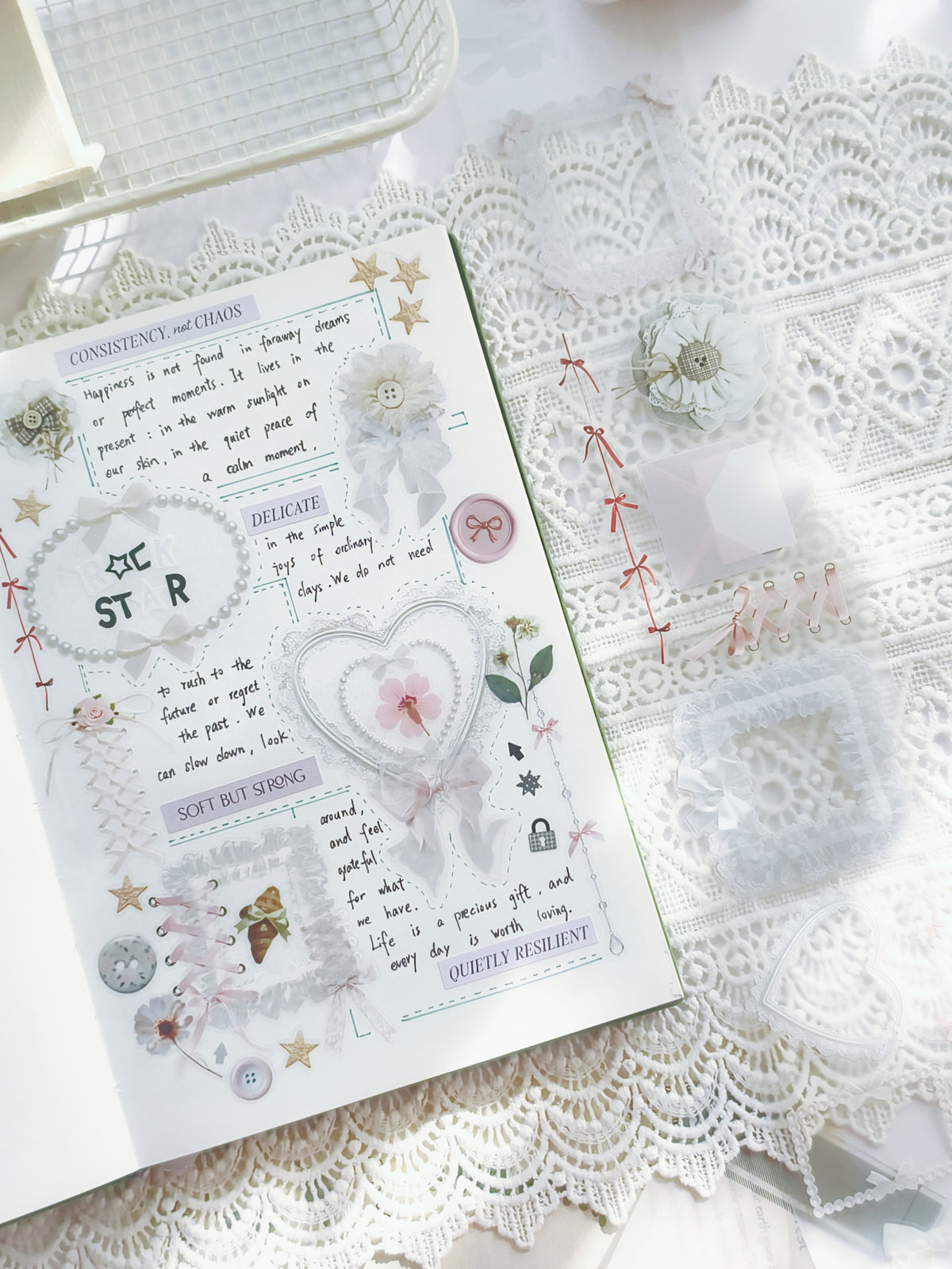 Elegant lace frame and bow decorative tape for journaling and scrapbooking