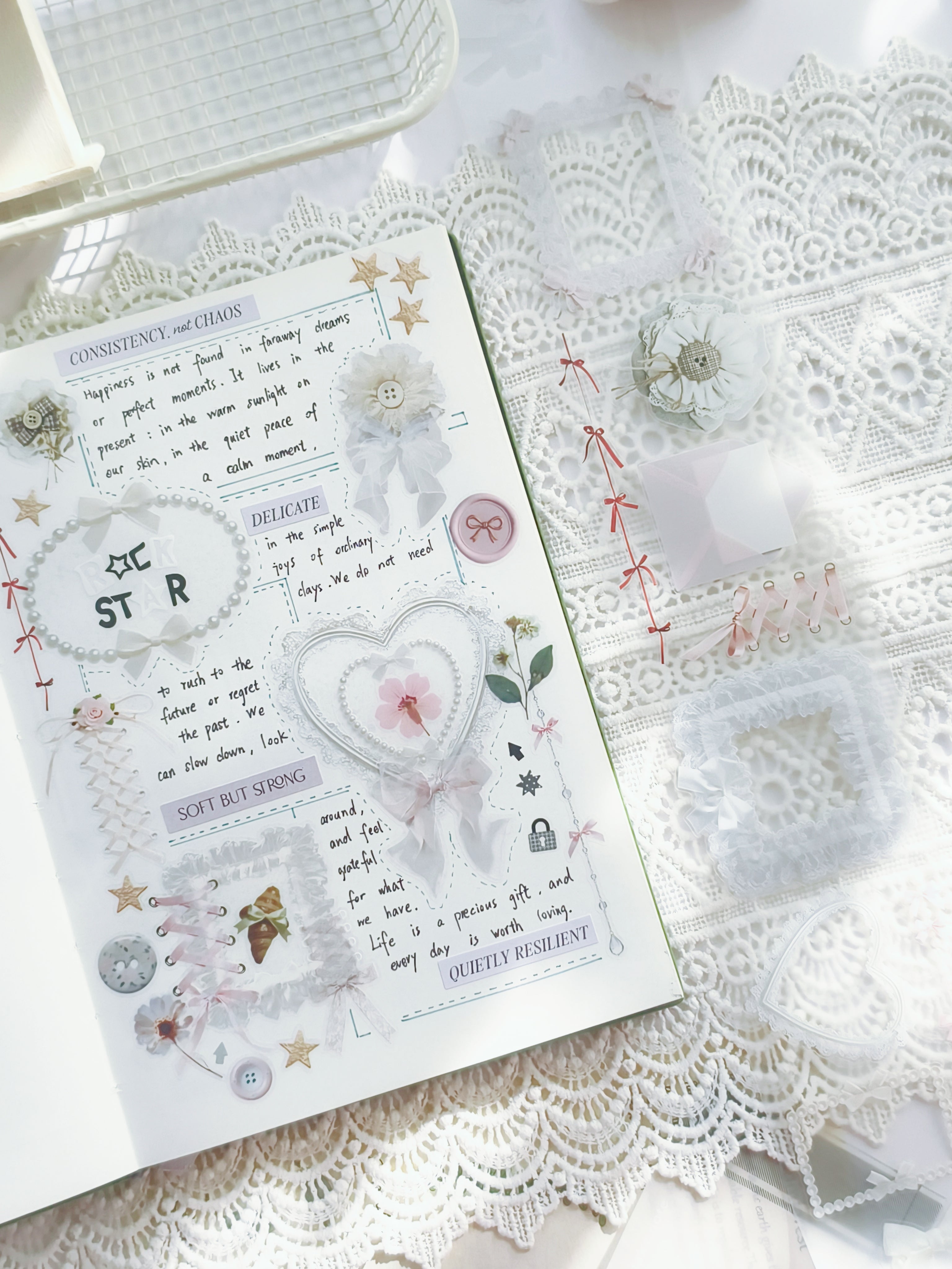 Elegant lace frame and bow decorative tape for journaling and scrapbooking