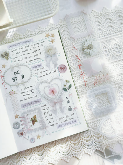 Elegant lace frame and bow decorative tape for journaling and scrapbooking