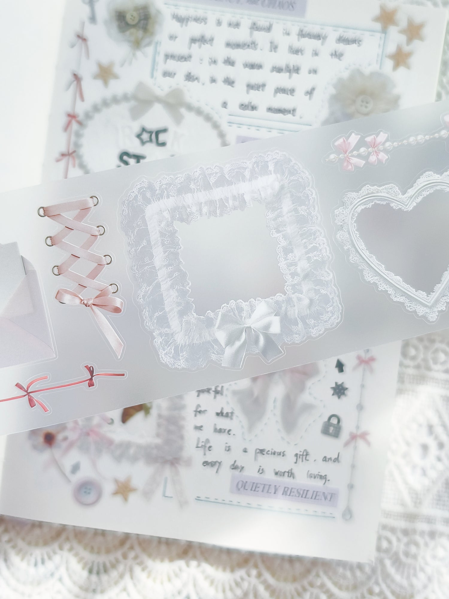 Feminine coquette journaling tape with delicate lace and ribbon bows