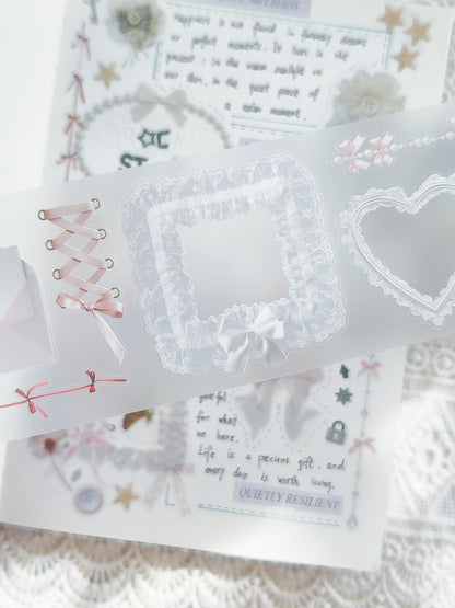 Feminine coquette journaling tape with delicate lace and ribbon bows