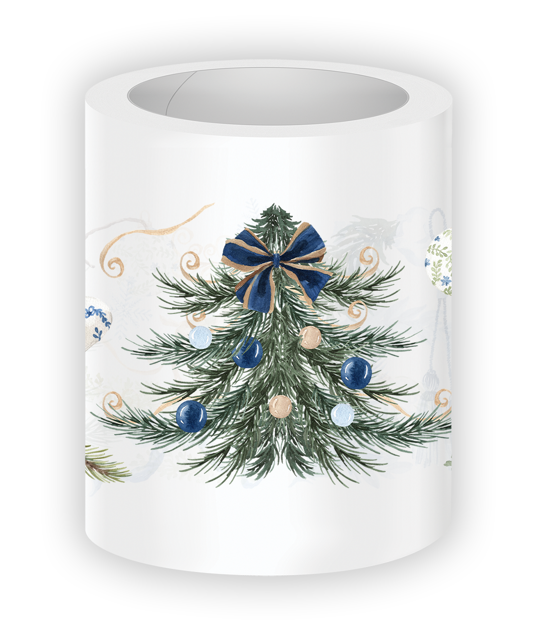 Royal Noël Collection PET tape featuring an elegant Christmas pine garland decorated with navy blue bows, ornaments, gold accents, and festive holiday greenery.