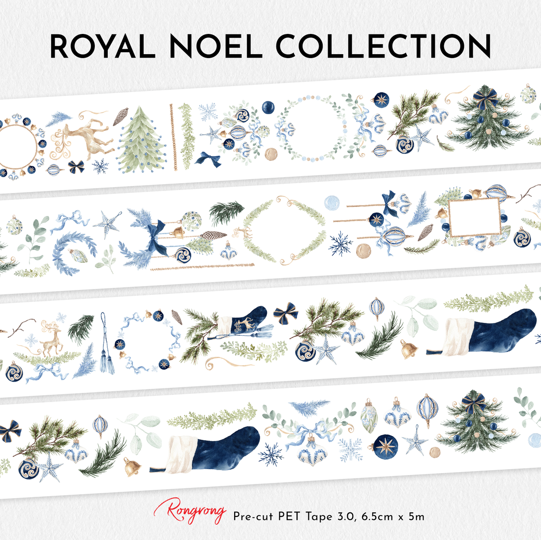 Royal Noël Collection Pre-cut PET Tape 3.0 featuring elegant Christmas trees, wreaths, reindeer, ornaments, stockings, pine branches, bows, snowflakes, festive frames, and luxurious blue and gold holiday decorations for planners and journals.