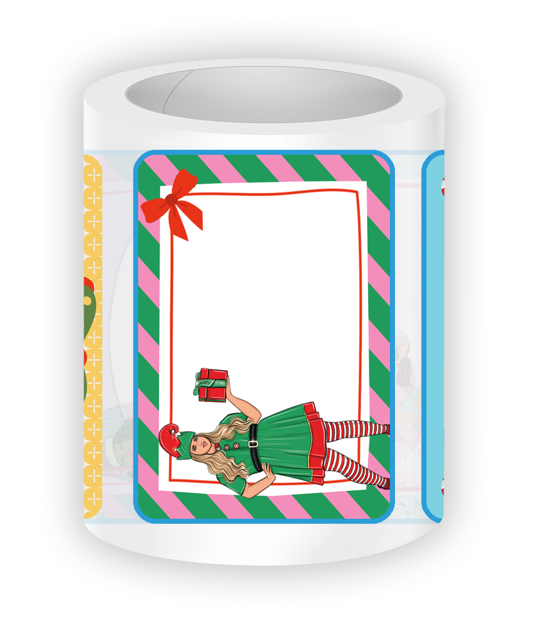 Christmas sticky notes roll featuring a festive note box with a holiday girl dressed as an elf holding a wrapped gift, surrounded by pink and green candy stripe borders and red bow accents.