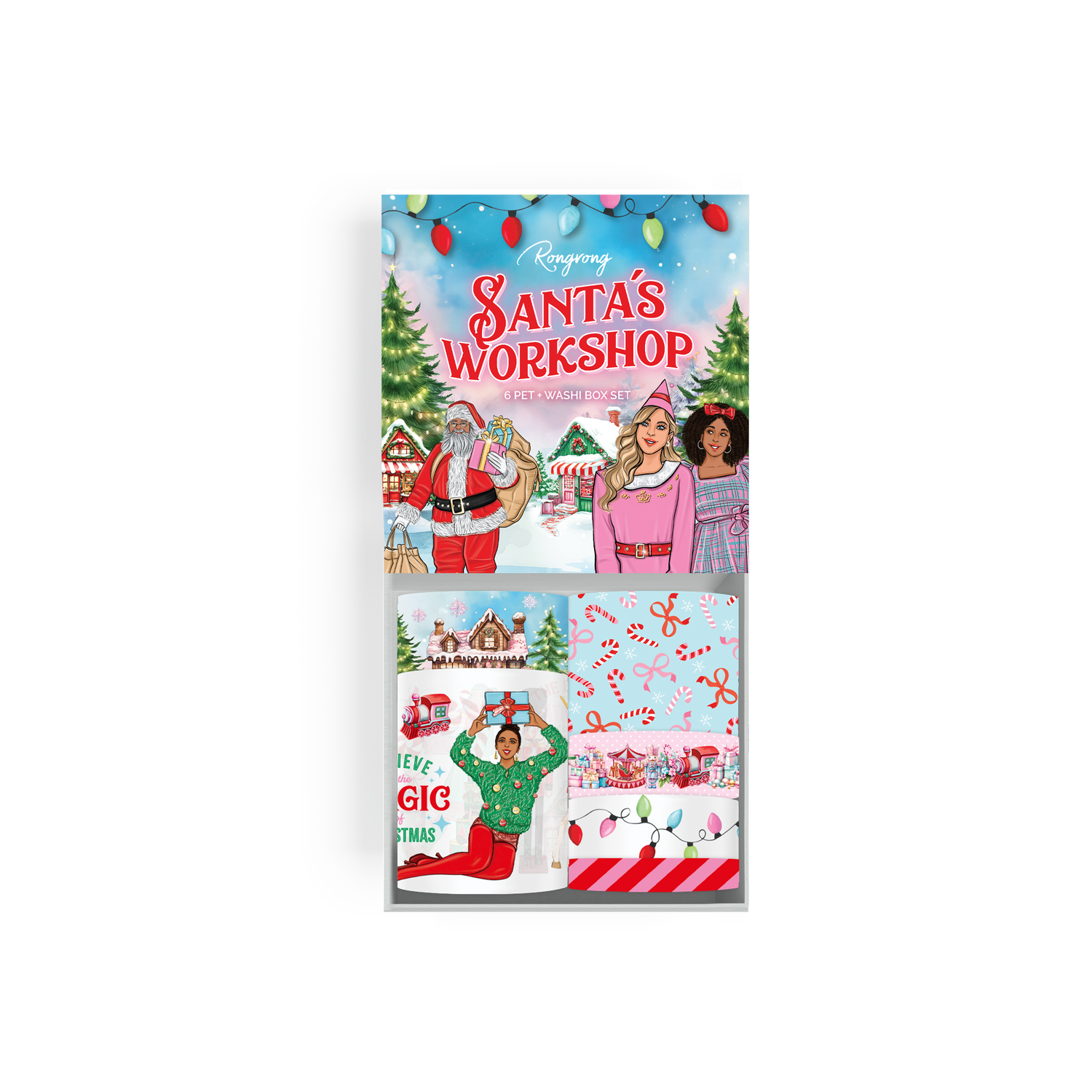 Pre-cut PET tape and washi stickers featuring Santa’s workshop in pastel colors