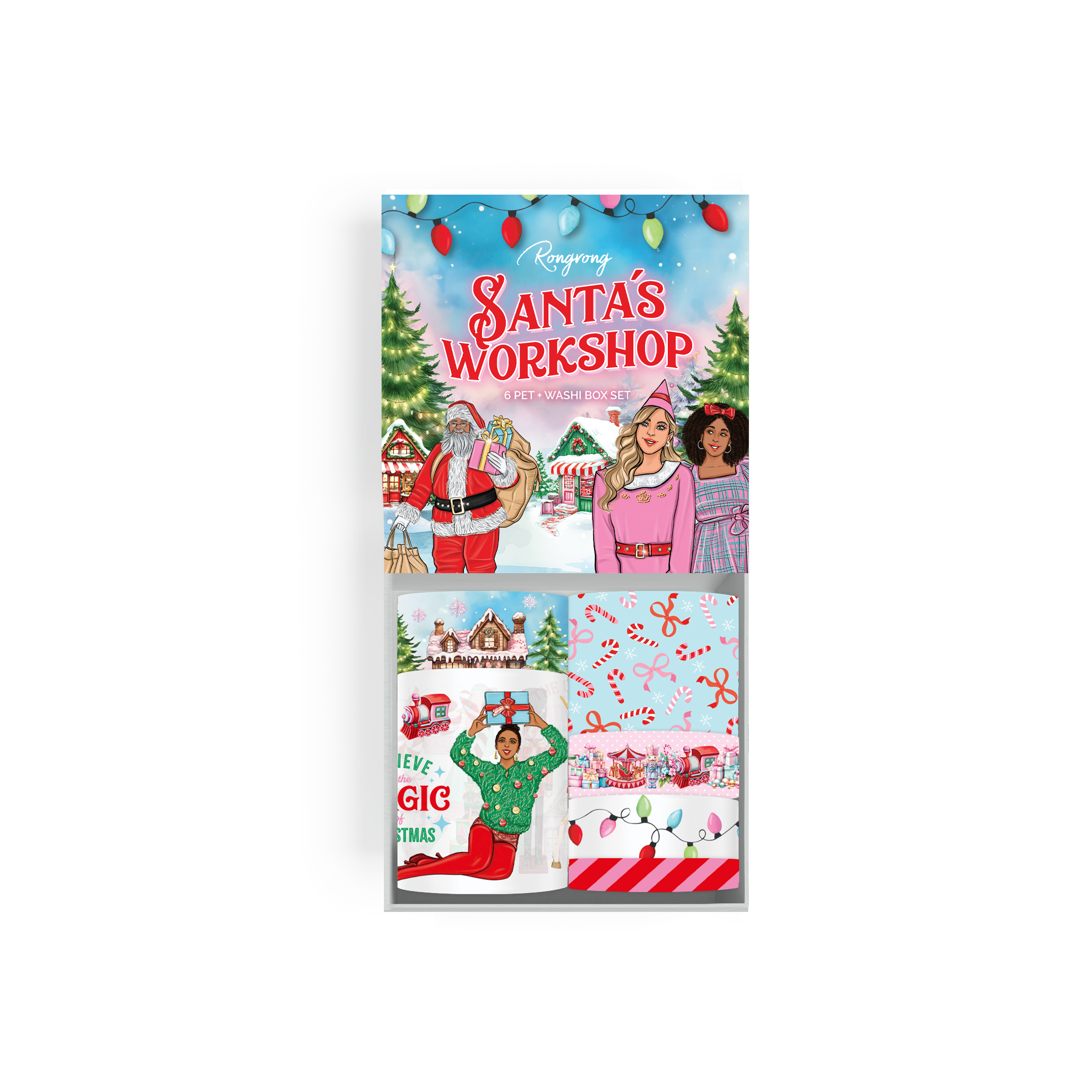 Pre-cut PET tape and washi stickers featuring Santa’s workshop in pastel colors
