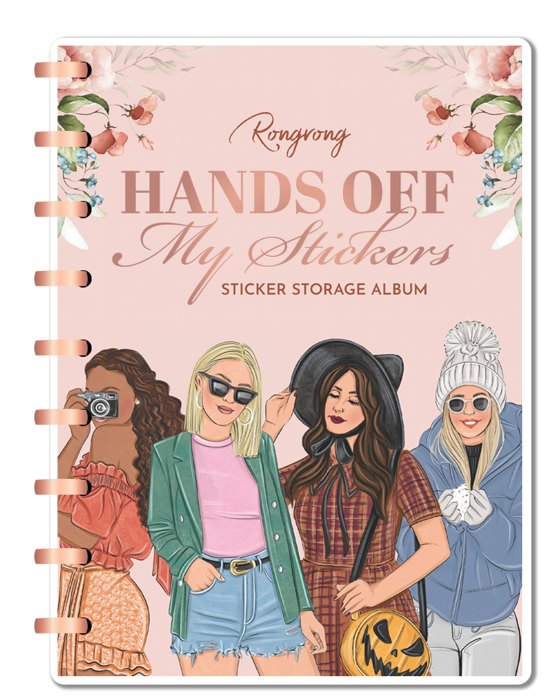 Sticker album cover featuring vibrant seasonal designs, including autumn leaves, winter snowflakes, and floral motifs.