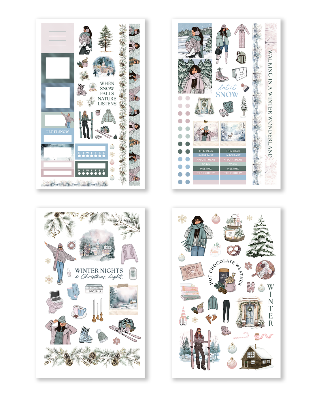 Set of four winter-themed sticker sheets with people, snow, and festive elements on a white background.
