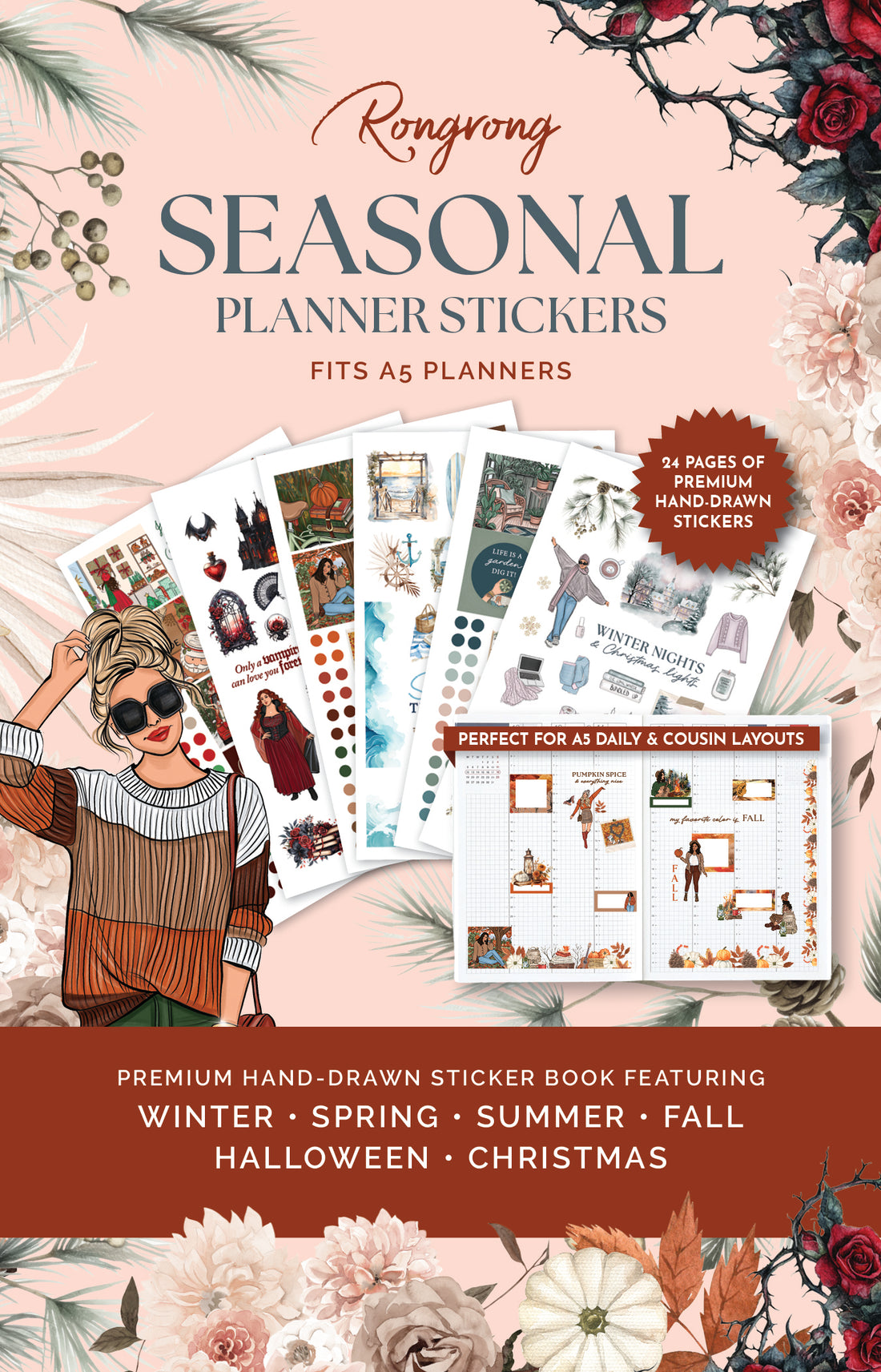 Cover image for Rongrong Seasonal Planner Stickers featuring hand-drawn seasonal sticker pages for winter, spring, summer, fall, Halloween, and Christmas designed for A5 planners and journals.